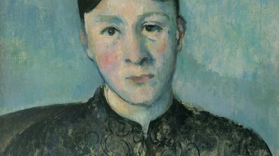 A front on portrait painting of Madame Cézanne with a blue background