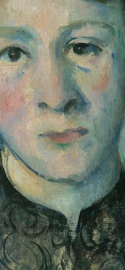 Paul Cézanne, Portrait of Madame Cézanne, c 1885, Museum Berggruen, Neue Nationalgalerie – Staatlich A front on portrait painting of Madame Cézanne with a blue background