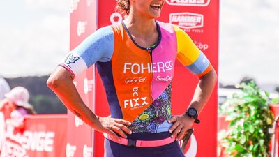 Local Professional athlete Penny Slater finishing Challenge Canberra 2023