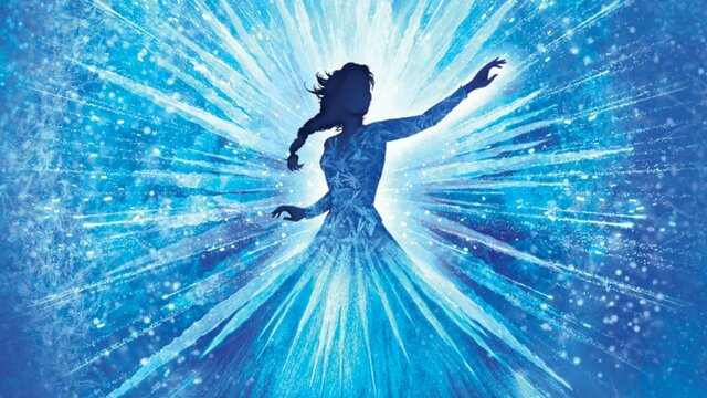 A graphic of a woman in an ice blue dress surrounded by a sparkling blue background