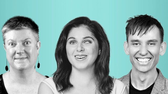 Black and white portraits of Nas Campanella, Christina Ryan and Wayne Herbert with a teal background