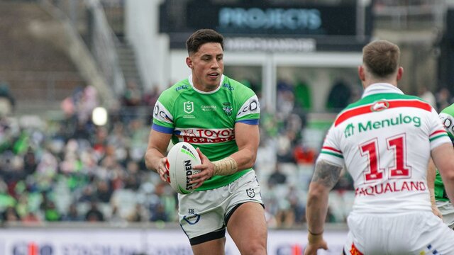 Canberra Raiders player Joseph Tapine running the ball.