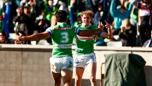 Canberra Raiders player Jed Stuart celebrating a try.
