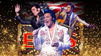 Three men posed in different ways all impersonating Elvis.