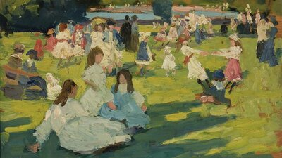 Painting of a group of people in a park setting including children frolicking