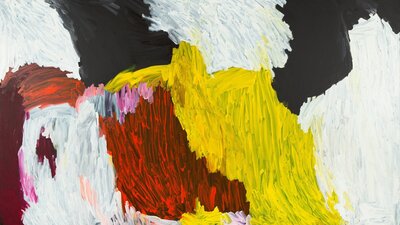 Sally Gabori, Dibirdibi country, 2012, Wesfarmers Collection © Estate of Sally Gabori Indigenous painting with large brushtrokes and shapes of colour