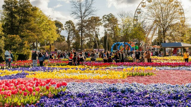 Colourful flower festival with crowds and a Ferris wheel among trees under a bright sky.