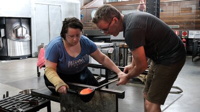 Glass blowing in the Hotshop at Canberra Glassworks