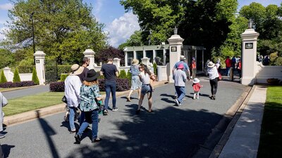 People walk on a road towards a white gate, large trees are in the background