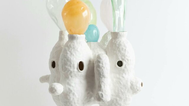Lynda Draper Apparition 2025, glazed ceramic and studio blown glass Lynda Draper artwork, made of glazed ceramic and studio blown glass, on white background