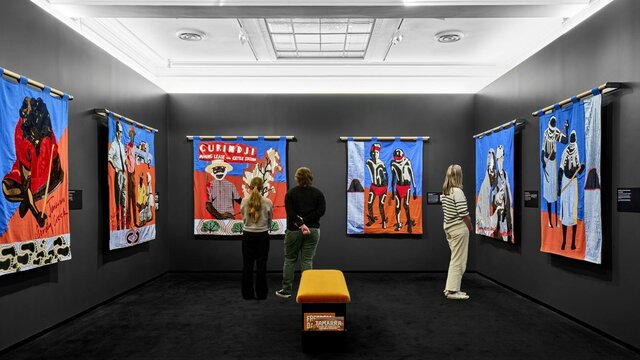 The Gurindji Freedom banners hung up in a gallery.