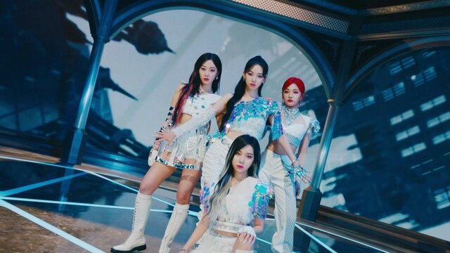 Aespa 'Next Level' MV, 2021 © SM Entertainment South Korean girl group Aespa group photo.