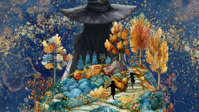 Hansel and Gretel running through a fairytale forrest, all leading to the witch