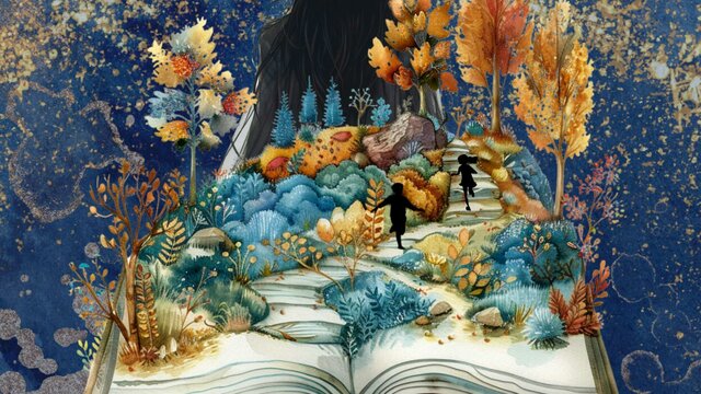 Hansel and Gretel running through a fairytale forrest, all leading to the witch