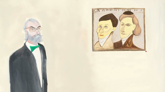 Dr Joseph Brown with Two Typists, 1996 Noel McKenna. A painting of a man with a grey beard and a green bowtie who stands in front of a hanging portrait.