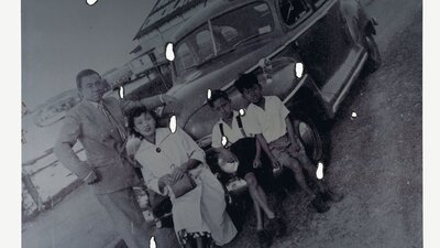 Lindy Lee, The long road of the river of stars, 2015, Artist Lindy Lee's black and white family photo with burnt holes on the print