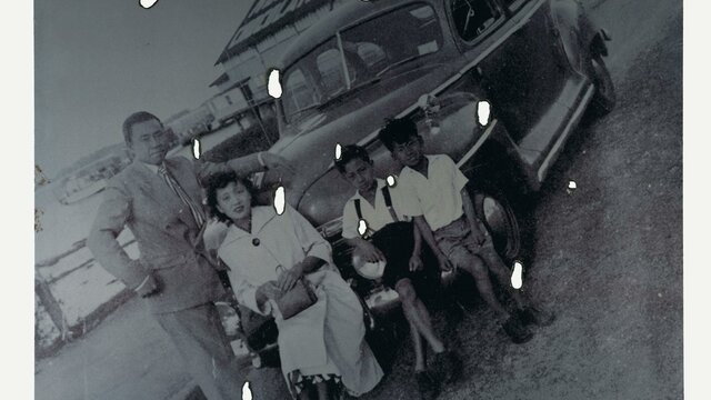 Lindy Lee, The long road of the river of stars, 2015, Artist Lindy Lee's black and white family photo with burnt holes on the print