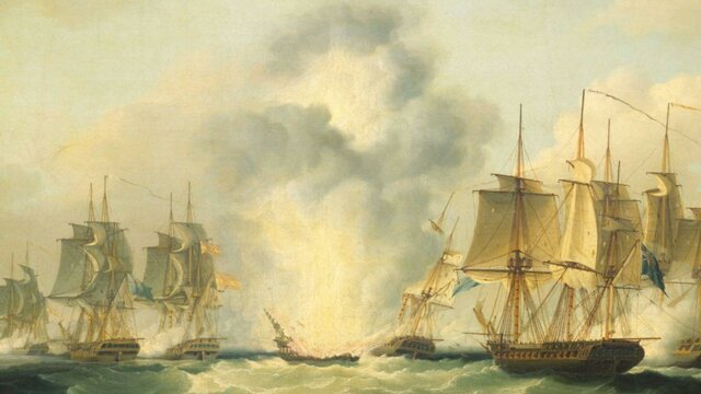 Francis Sartorius (1777–1831), Four frigates capturing Spanish treasure ships, 5 October 1804 A painting depicting a battle between sailing ships at sea