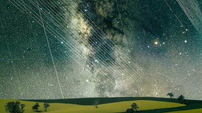 Satellite Trails, Canola fields and Milky Way
