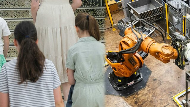 Children enjoying Mintventures at the Mint Three children with a guide and titan the robot pouring coins