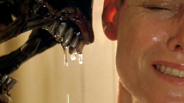 Winter Warmers Movie Marathon: Alien Trilogy Woman looking scared on right with alien figure with dripping teeth threatening her