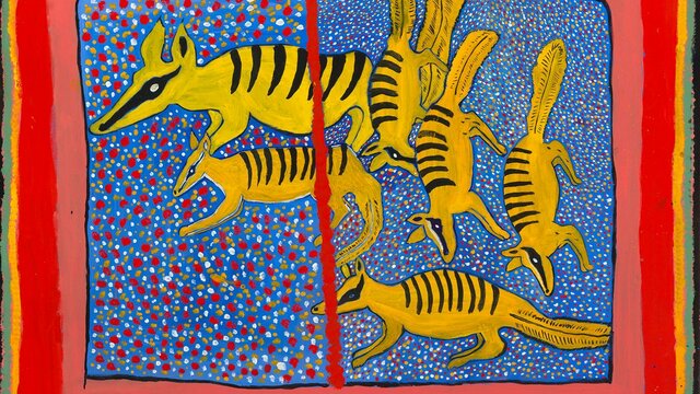 Bright, stylised painting of several yellow numbats with black stripes.