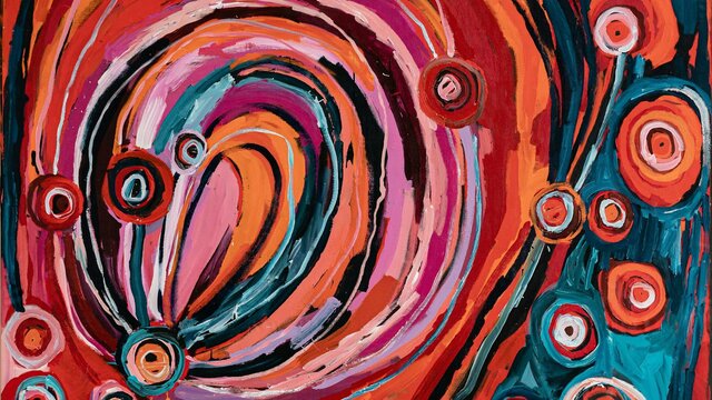 Barbara Moore, Anmatyerre people, Ngayuku Ngura (My Country) 2021 Aboriginal painting of country with round and looping shapes