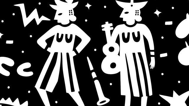 5th National Indigenous Art Triennial: After the Rain exhibition identity by Aretha Brown. A black background with drawn white silhouettes of 2 people, instruments, food and stars.