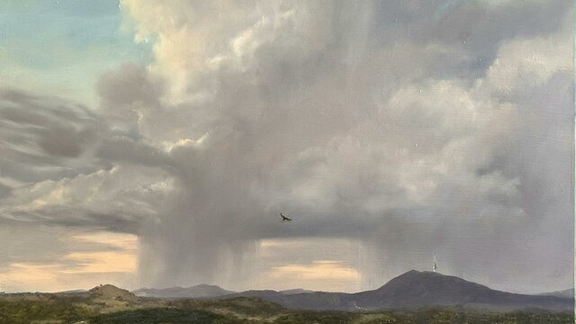Landscape painting with view of storm. Painting by Penny Deacon Landscape painting with view of storm, by Penny Deacon.