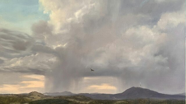 Landscape painting with view of storm. Painting by Penny Deacon Landscape painting with view of storm, by Penny Deacon.