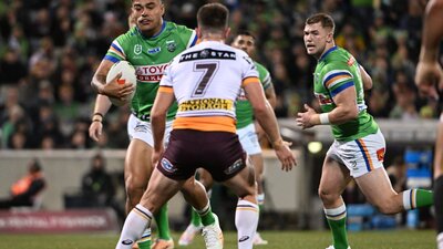 Matt Timoko takes the ball up against the Broncos in their last match in Canberra.