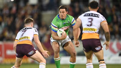 Joe Tapine takes a hit up against the Broncos the last time  the sides met in Canberra.