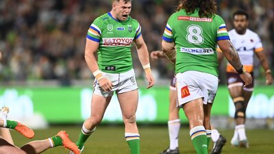 Hudson Young celebrates during the Raiders' last game against the Broncos in Canberra.