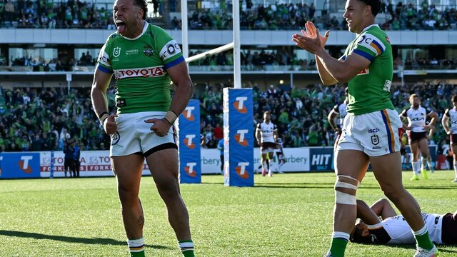 Canberra Raiders player Sebastian Kris celebrating a try.
