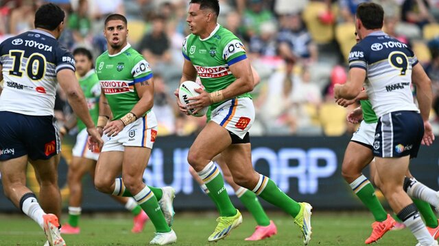 Canberra Raiders player Joseph Tapine running the ball.