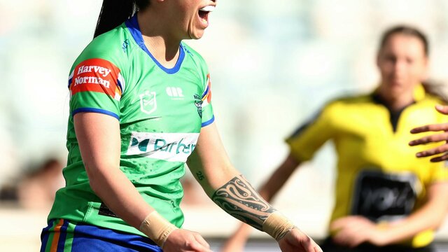 Canberra Raiders NRLW player Madison Bartlett celebrating a try.