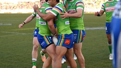 The Raiders celebrate a try against the Knights