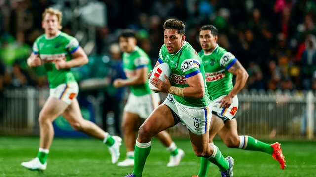 Canberra Raiders player Joseph Tapine running the ball.