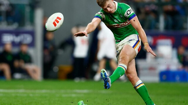 Canberra Raiders player Ethan Sanders kicking a conversion.