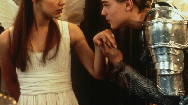Romeo + Juliet (35mm) 10 October, 2026 Woman dressed as angel and man dressed in armour kissing her hand