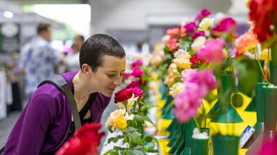 Person smelling flowers at the Royal Canberra Show Horticulture exhibit