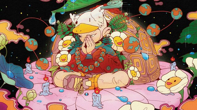 Pray in the Haze (detail), 2025 by Lucius Sung Myeong Ha © the artists Cartoon illustration of a boy with legs crossed and hands clasped together.