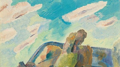 A painting of a landscape and cloudy sky, painted with large brushstrokes.