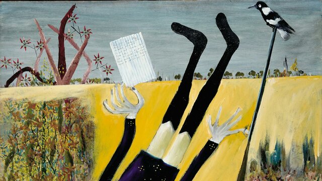 Sidney NOLAN policeman in a wombat hole 1946 painting of a ploiceman upsidedown with his head in the ground and a magpie sitting on his rifle