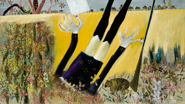 Sidney NOLAN policeman in a wombat hole 1946 painting of a ploiceman upsidedown with his head in the ground and a magpie sitting on his rifle