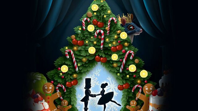 A Christmas tree covered in Aussie desserts opens to a winter wonderland silhouetting ballerinas.