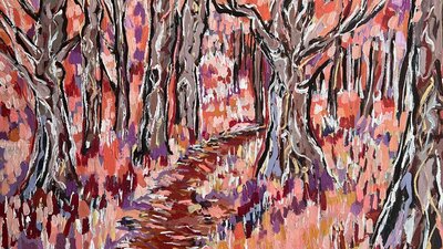 Acrylic painting of a pine forrest in pinkish hues