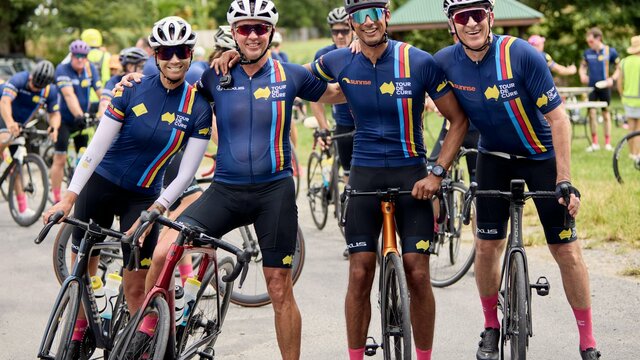 Cyclists including Channel 7's Mark Beretta at the end of Signature Tour '25 Four cyclists casually on bikes not riding inc. Ch7's Mark Beretta at the end of Signature Tour '25