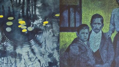 John Nelson, Silent world 1A, 2024. Cool toned painting. Left is leaves on water. Right is a portrait of three people.