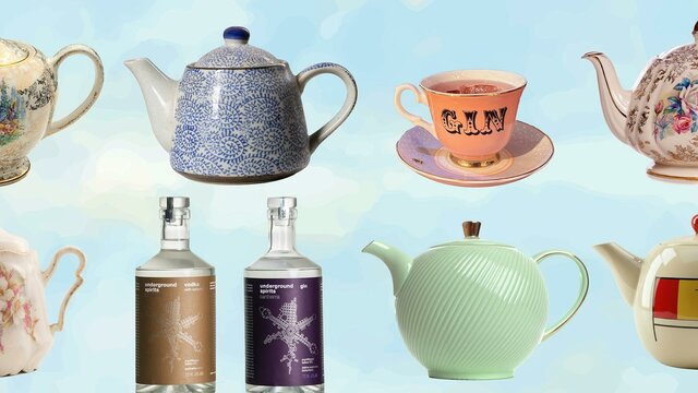 A collection of elegant teapots filled with cocktails and bottles of Underground Spirits A collection of elegant teapots filled with colourful cocktails alongside bottles of Underground